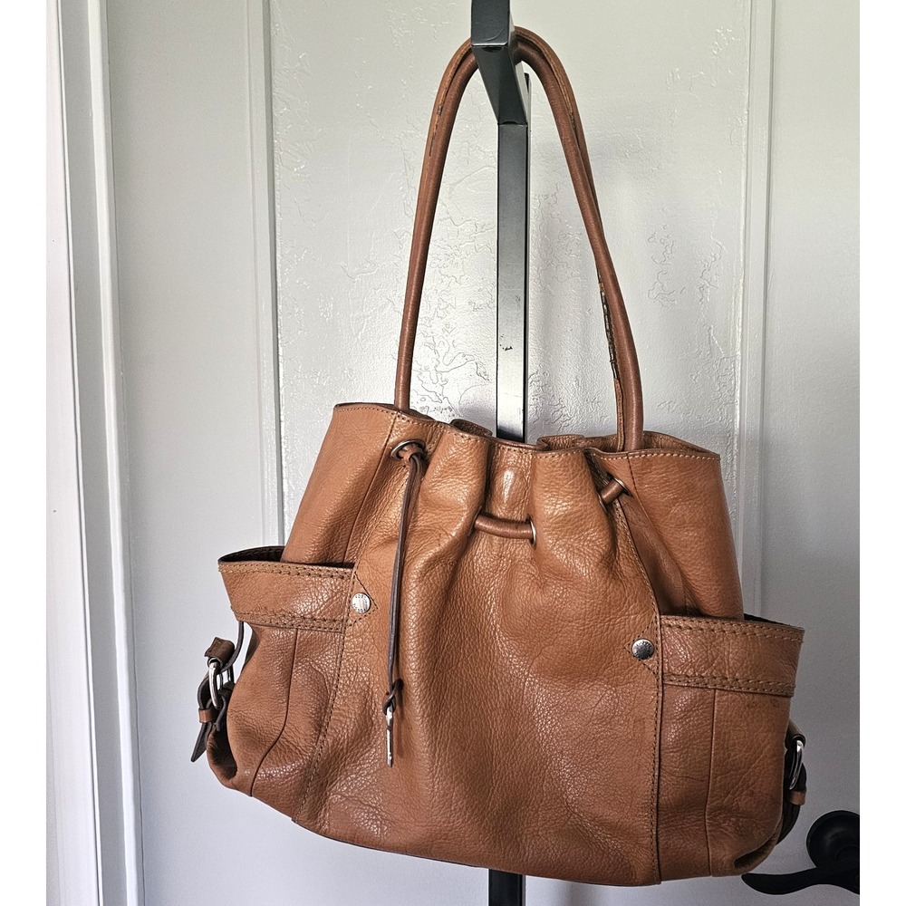 Fossil Brown Genuine Leather Drawstring Tote Shoulder Bag Boho